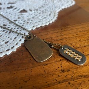 BUCKLE, Military Dog-tag Style Necklace w/Orange Copper-ish Colored Rhinestones